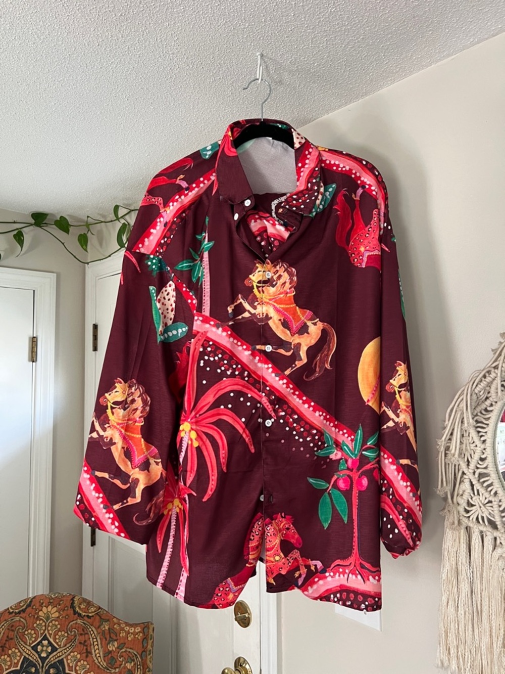 Women’s Burgundy Printed Button-Up Shirt and matching shorts with Horse Motif